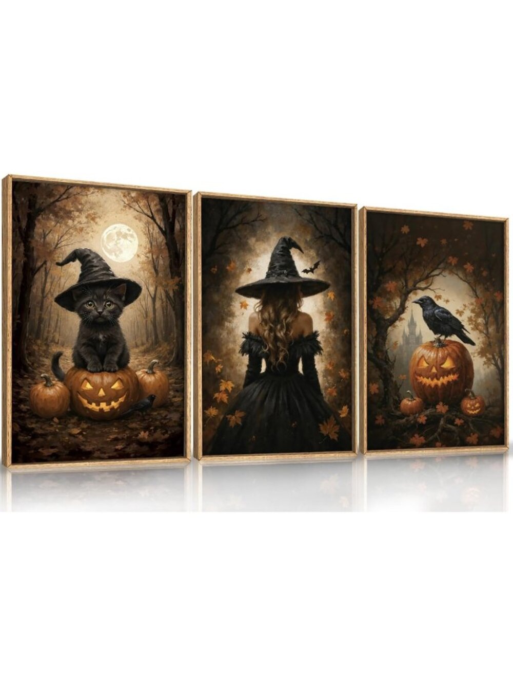 Spooky Halloween Wall Art Set - Framed Canvas with Witch, Black Cat & Raven